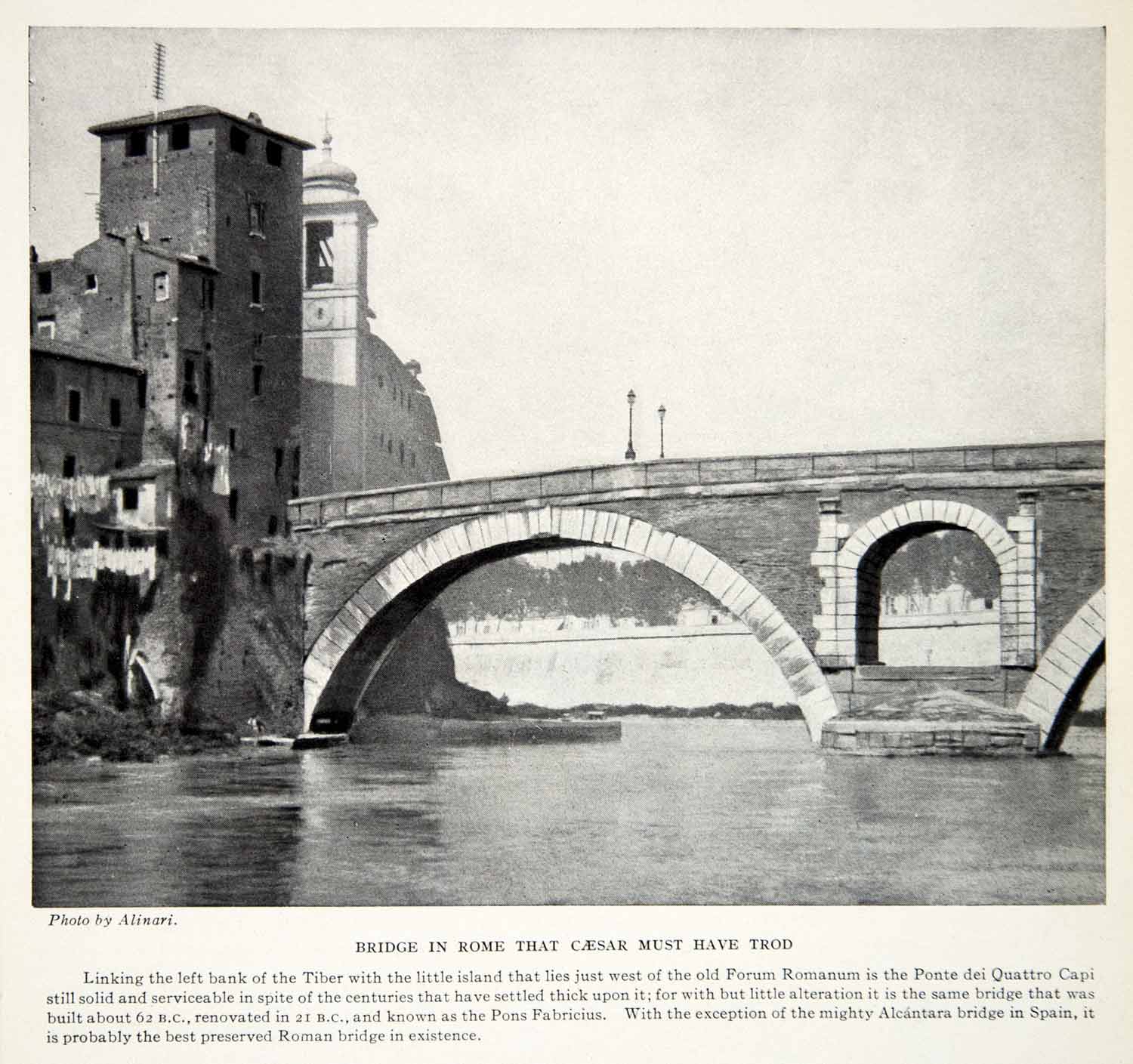 1924 Print Bridge Rome Caesar Tiber Pons Fabricius Ponte quattro Capi XGTC9