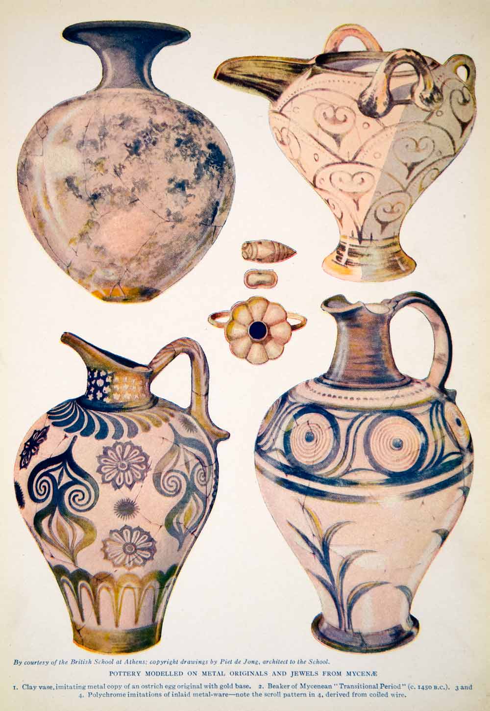 1924 Color Print Pottery Metal Original Jewels Mycenae Clay Vase Beaker XGTC9