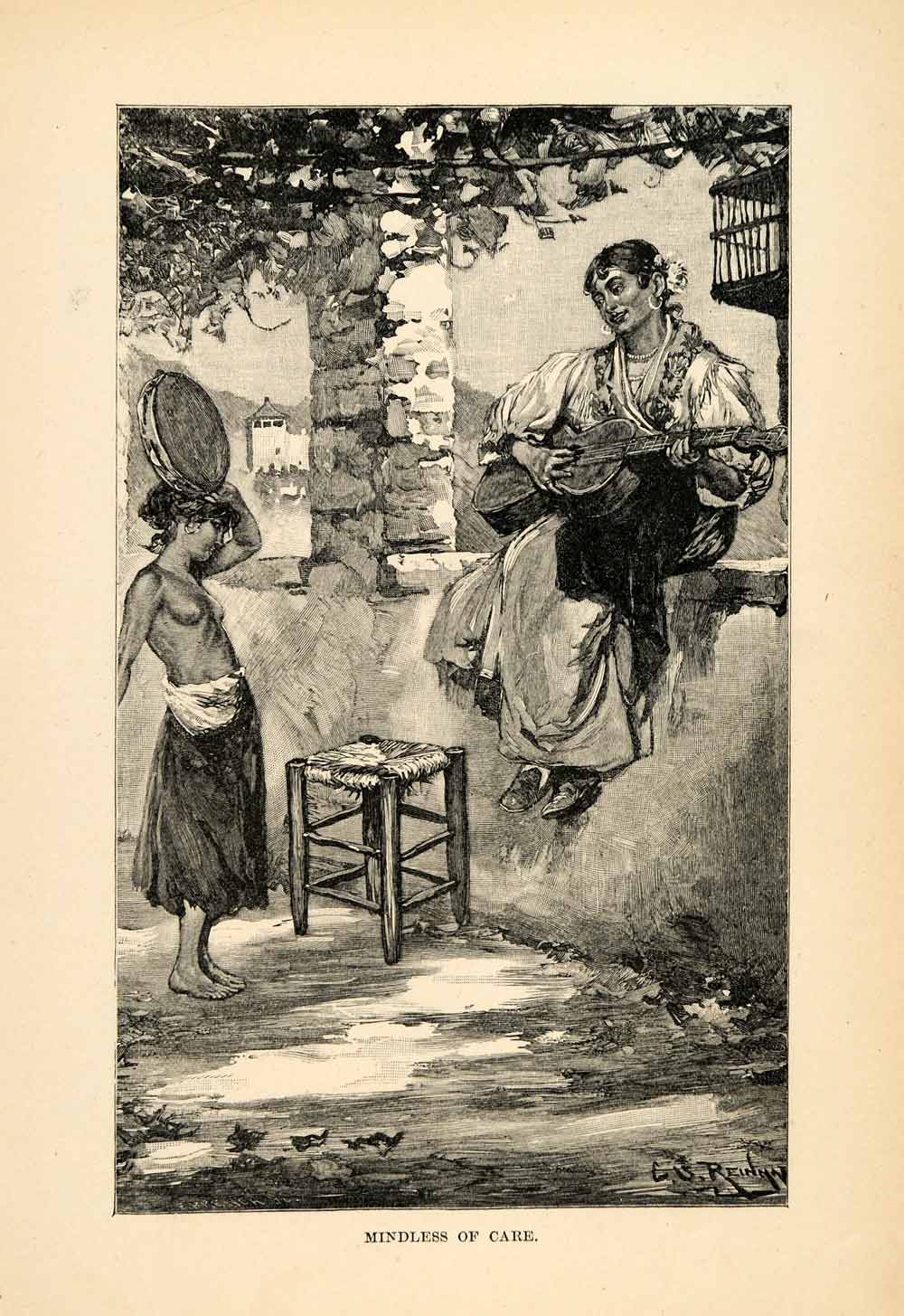 1888 Wood Engraving Nude Women Music Instrument Peru Costume Architecture XGU6