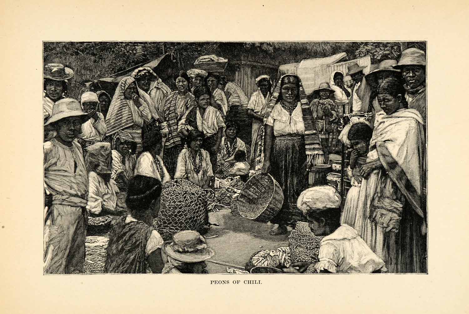 1888 Wood Engraving Peon Chile Costume Fashion Crowd Native Market South XGU6