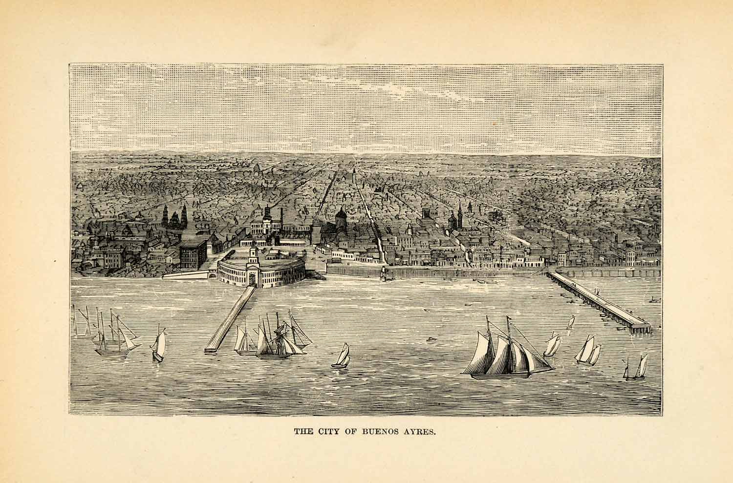 1888 Wood Engraving Buenos Aires Cityscape Sailboats Pacific Ocean XGU6