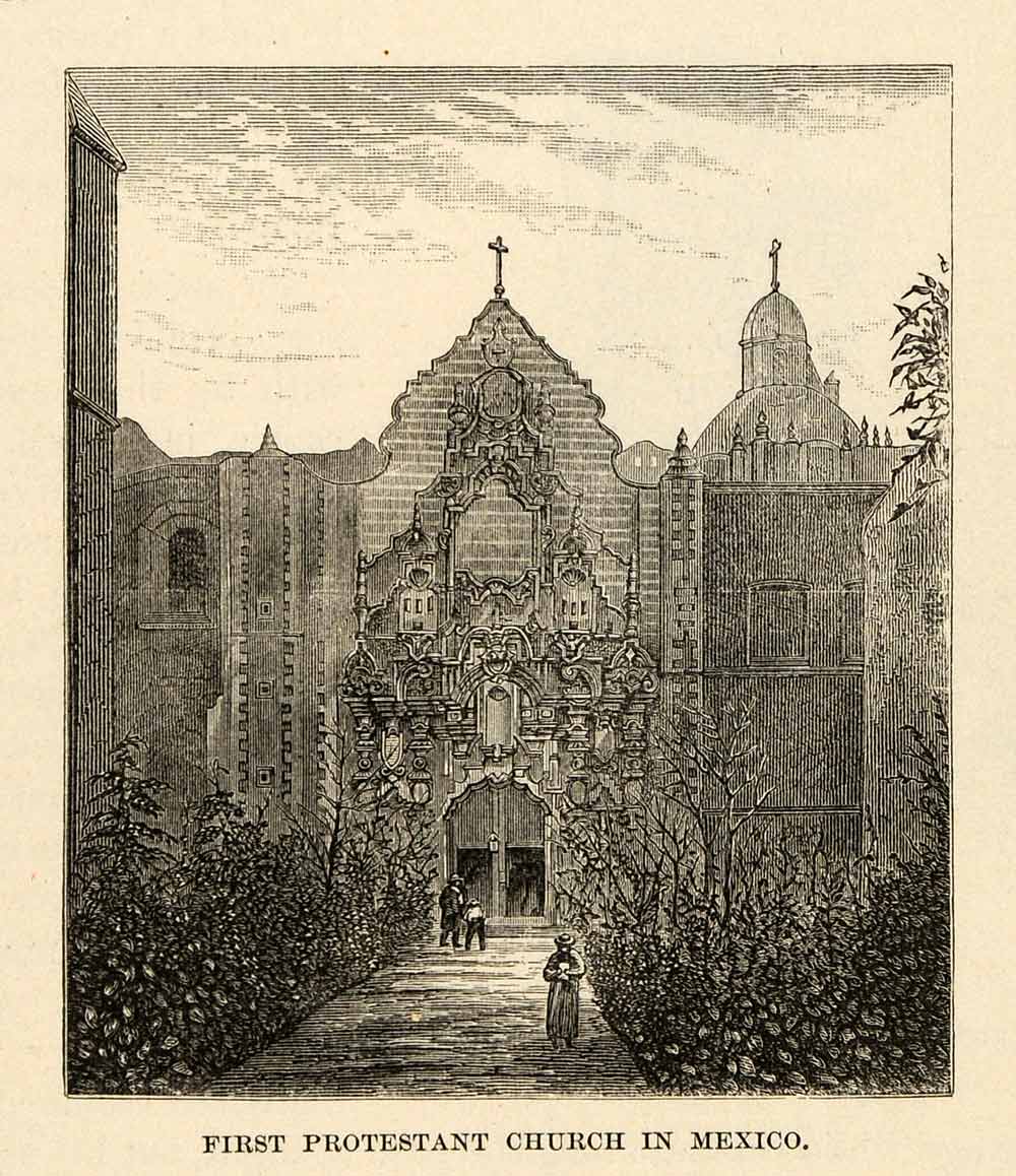 1888 Wood Engraving First Protestant Church Mexico Architecture Religion XGU6
