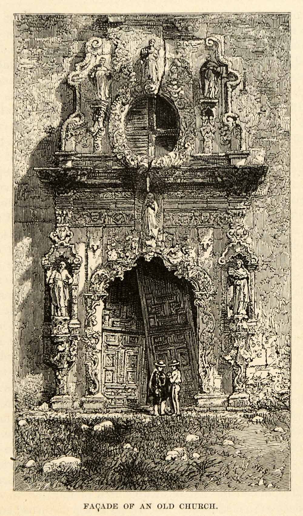 1888 Wood Engraving Faade Old Church Guatemala Central America XGU6