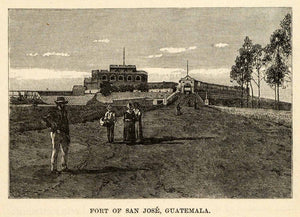 1888 Wood Engraving Fort San Jose Guatemala Central America Architecture XGU6