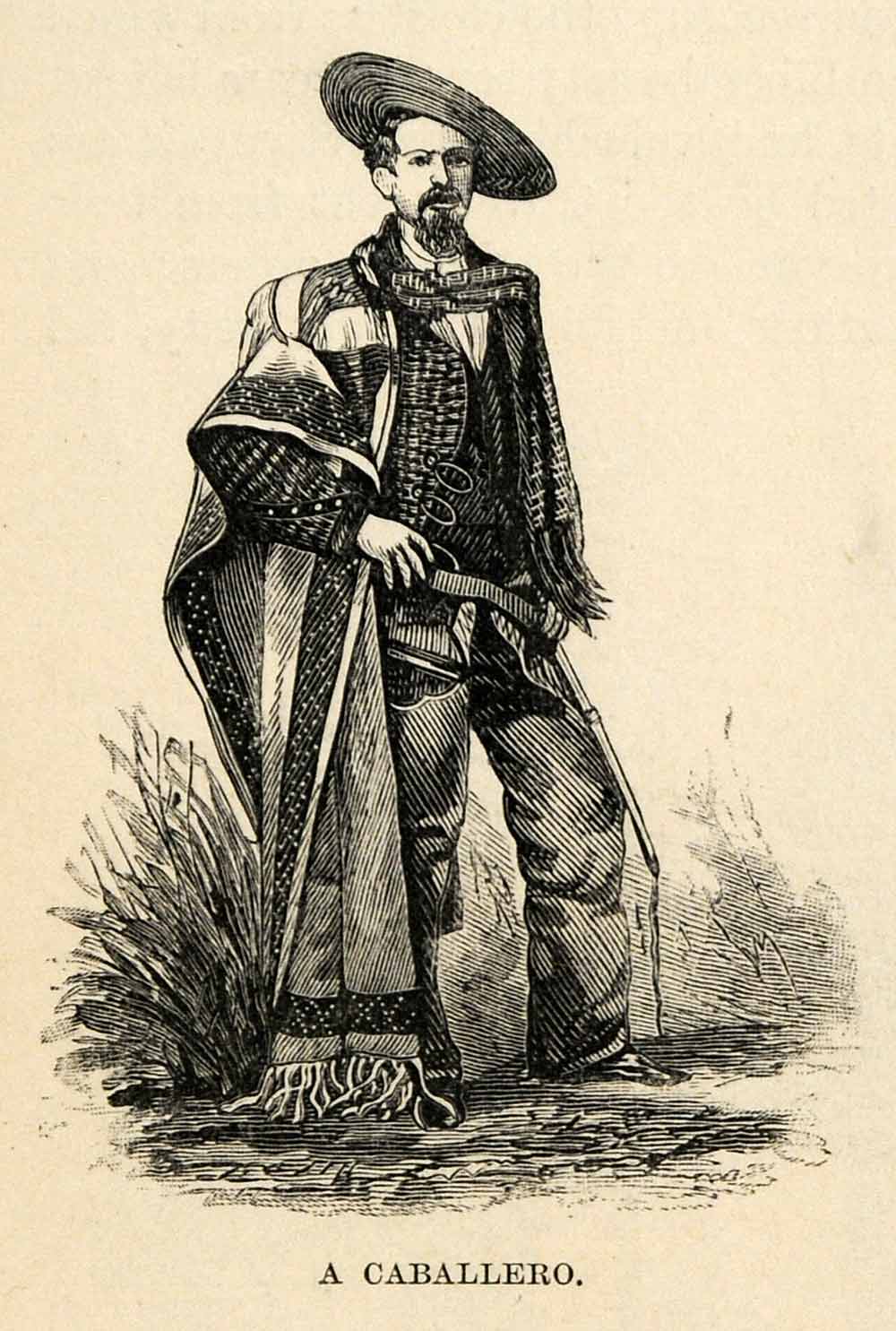 1888 Wood Engraving Caballero Costume Knight Gentleman Portrait Colombia XGU6