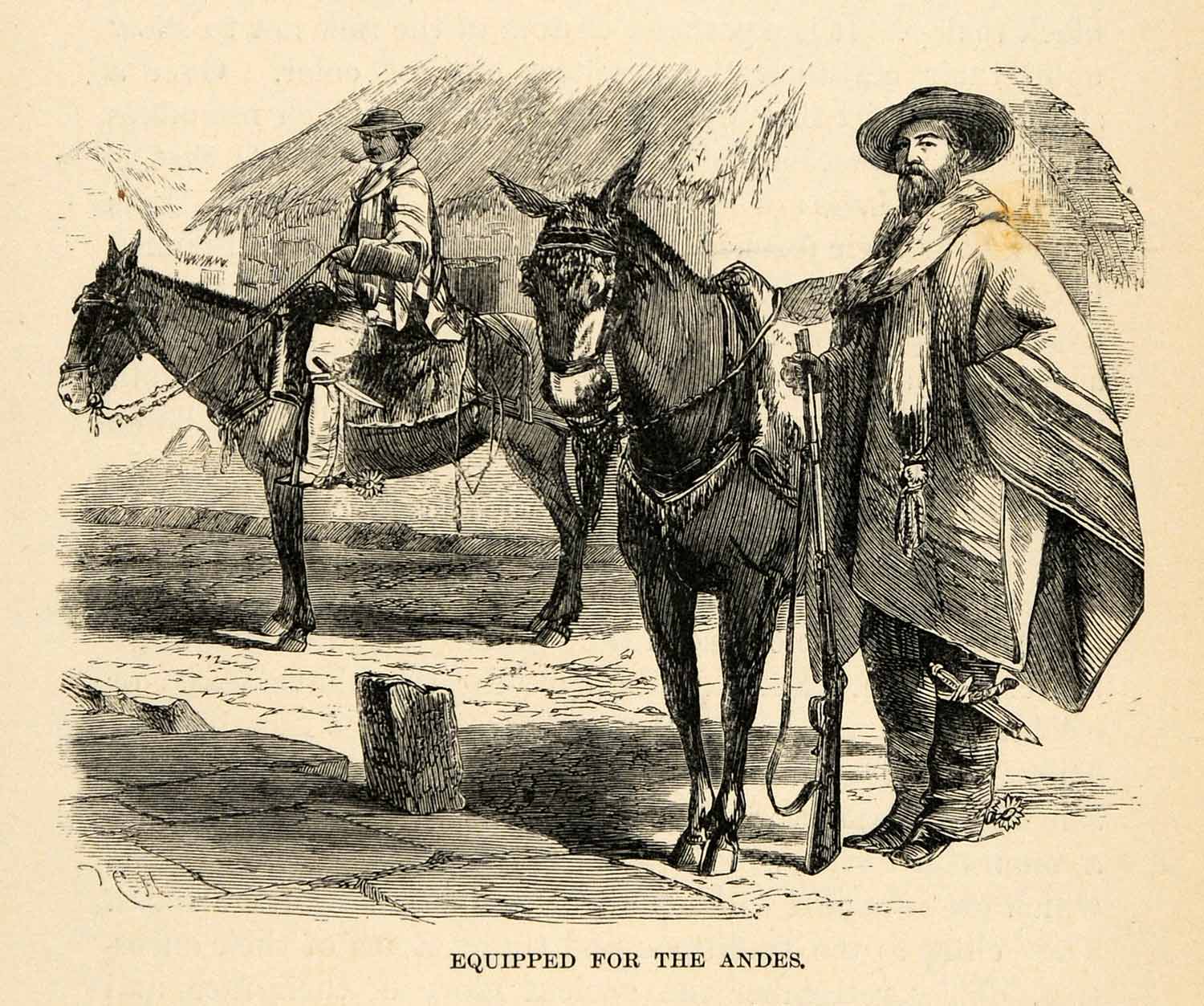 1888 Wood Engraving Andes Mountains Exploration Travelers Costume XGU6