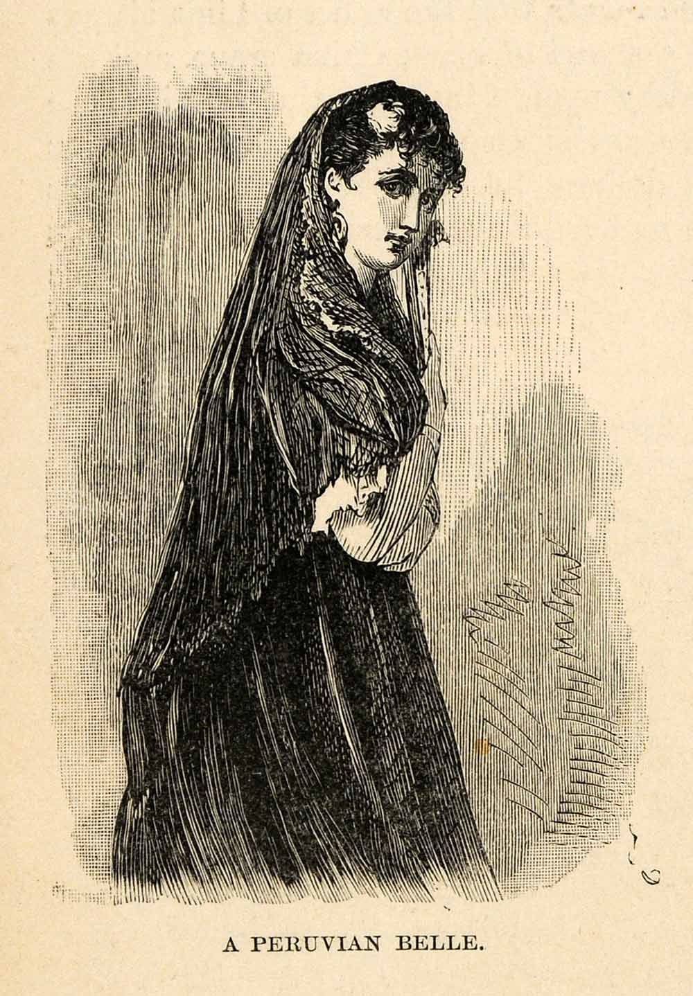 1888 Wood Engraving Peruvian Belle Costume Fashion Woman Portrait South XGU6