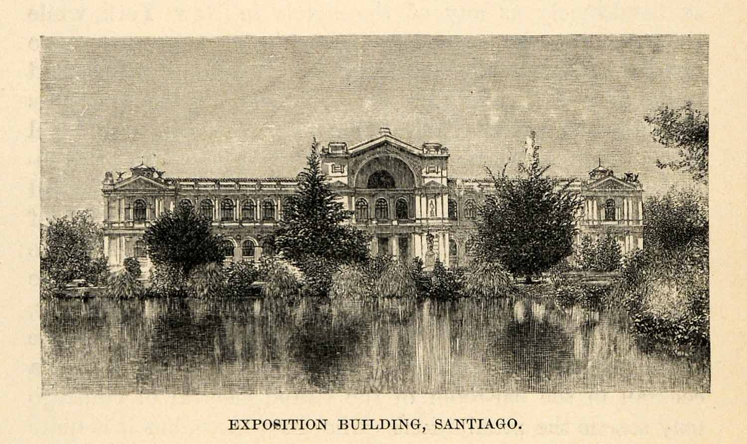 1888 Wood Engraving Exposition Building Santiago Chile Landscape XGU6
