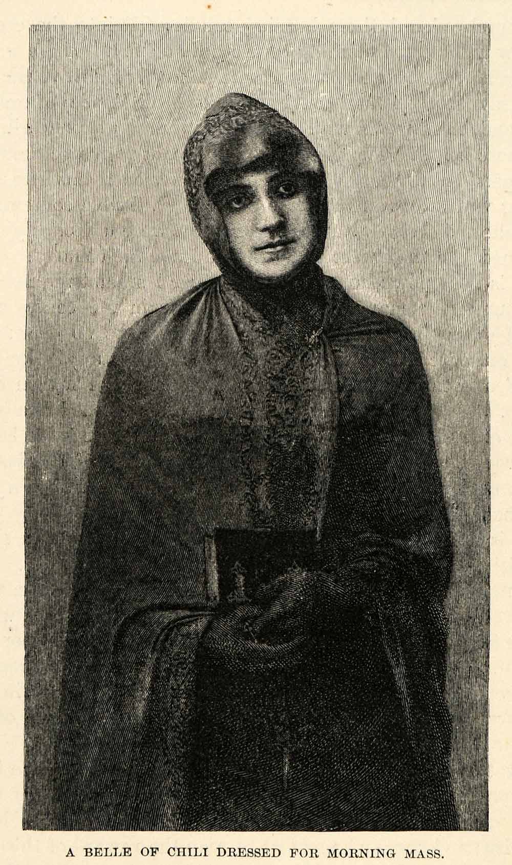 1888 Wood Engraving Belle Chile Dress Morning Mass Church Costume South XGU6