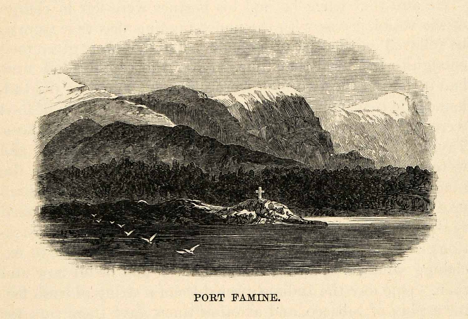 1888 Wood Engraving Port Famine Hambre Patagonia Landscape Ocean Mountains XGU6