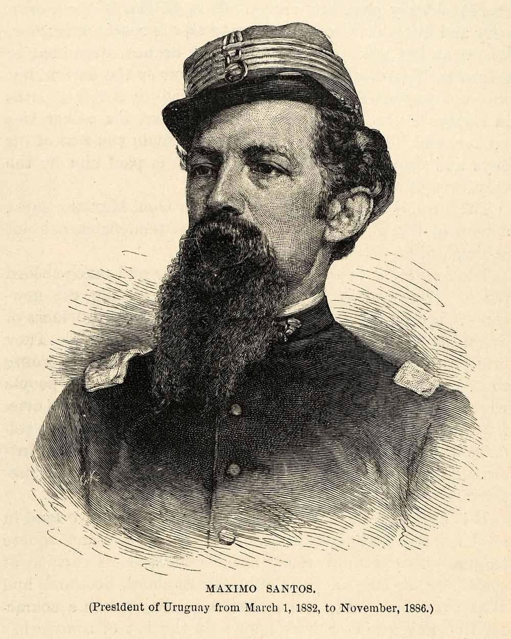 1888 Wood Engraving Maximo Santos President Uruguay Costume Uniform Hat XGU6