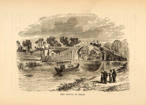 1880 Wood Engraving Bridge Pekin River Shore Beijing Boat Architecture XGU9
