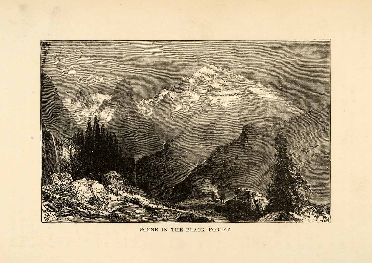 1880 Wood Engraving Black Forest Germany Camping Hiking Mountain Peak XGU9