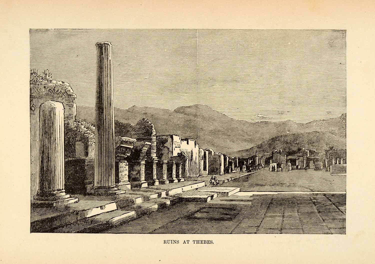 1880 Wood Engraving Thebes Greece Ruin Archaeology Column Architecture XGU9