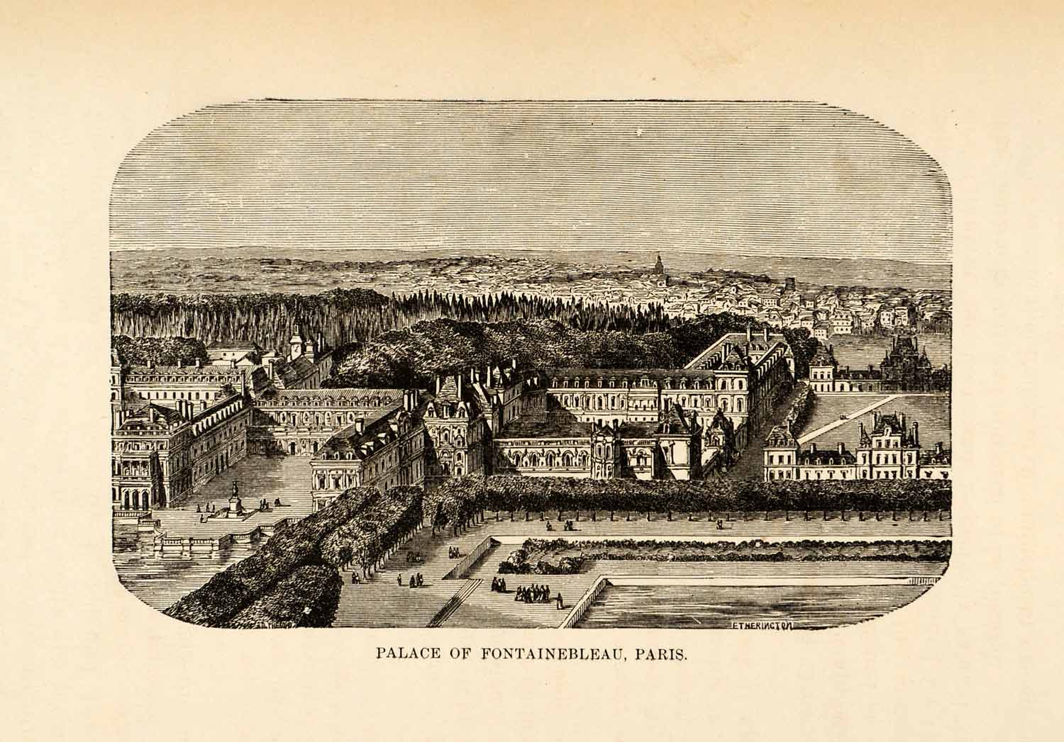 1880 Wood Engraving Fontainbleau Palace Paris France Architecture Royal XGU9