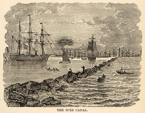 1880 Wood Engraving Suez Canal Ships Sailing Canoe Oar Fleet Egypt Red Sea XGU9