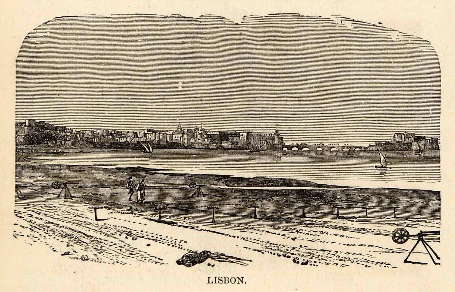 1880 Wood Engraving Lisbon Portugal Ocean Ships Sailing Beach Farm Crops XGU9