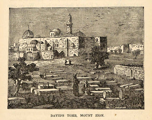 1880 Wood Engraving David Tomb Mt Zion Israel Jerusalem Hagia Maria Sion XGU9