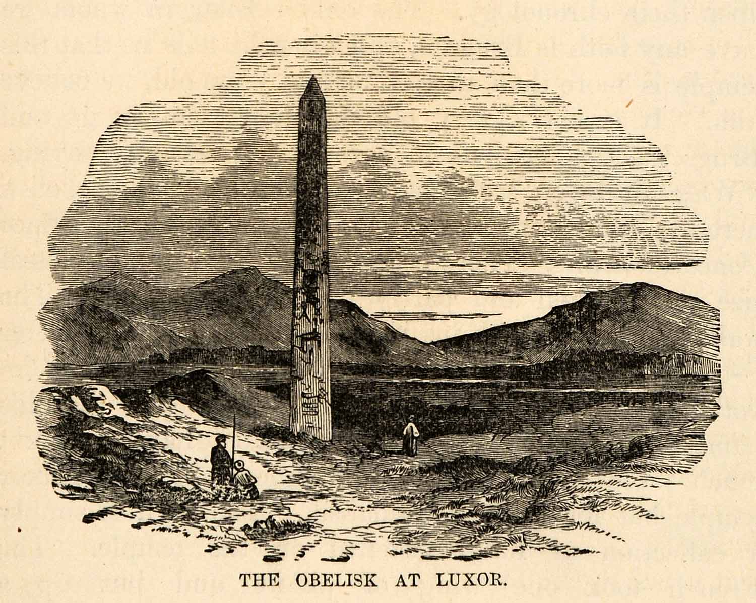 1880 Wood Engraving Obelisk Luxor Egypt Hieroglyphics Mountain Archeology XGU9