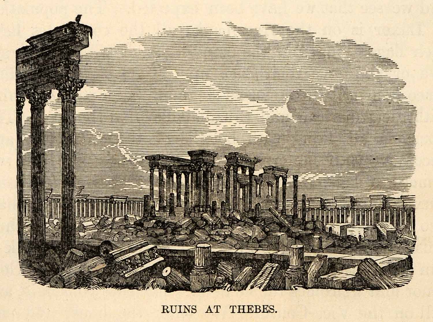 1880 Wood Engraving Ruins Thebes Egpyt Archeology Architecture Columns XGU9