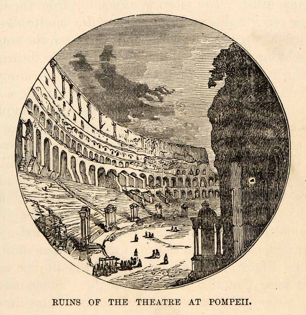 1880 Wood Engraving Ruins Theater Pompeii Italy Archaeology Architecture XGU9