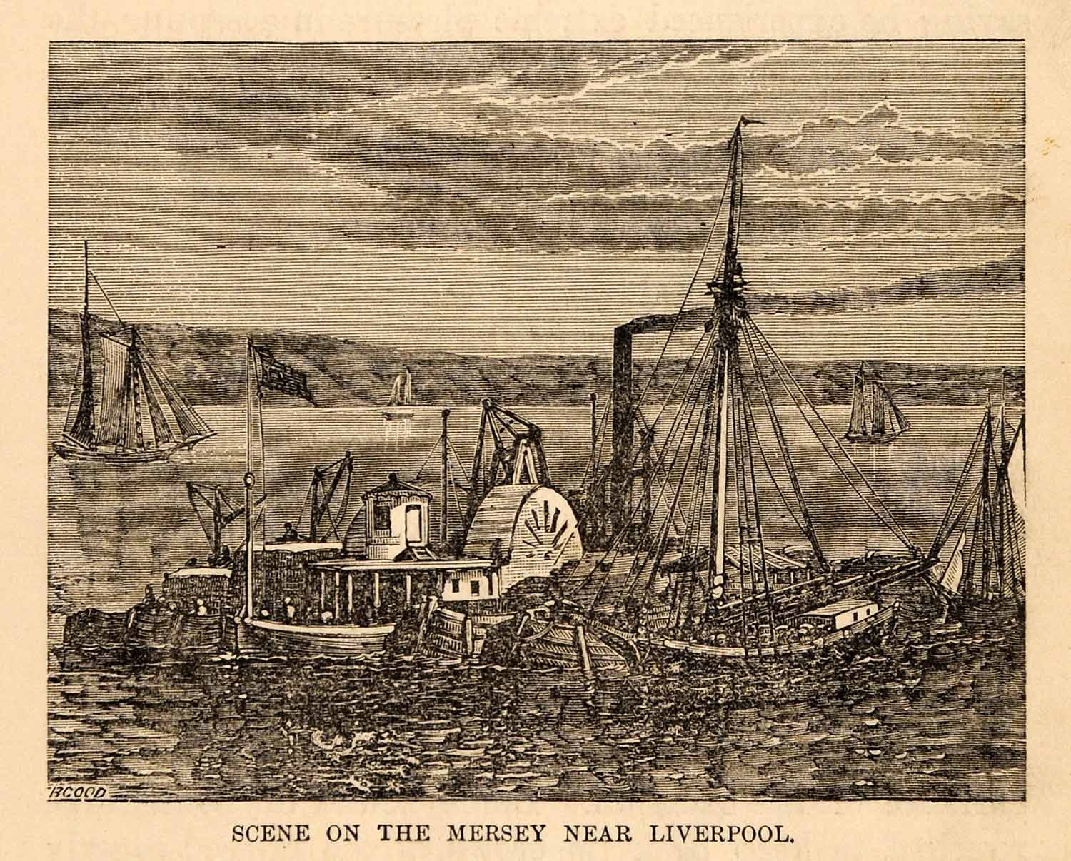 1880 Wood Engraving Liverpool England Sailing Ships Mersey River Steamboat XGU9