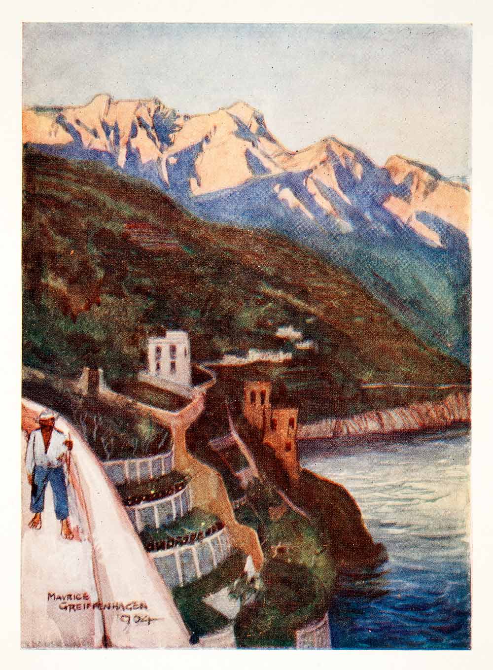 1907 Color Print Minori Italy Sunset Mountain Landscape Terrace XGUB1