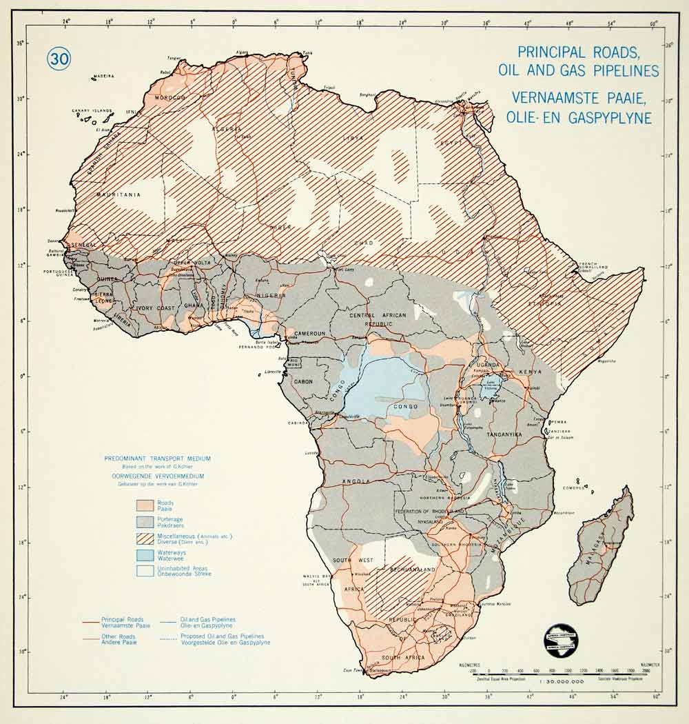 1963 Offset Lithograph Roads Oil Gas Pipeline Africa Map Transportation XGUC5