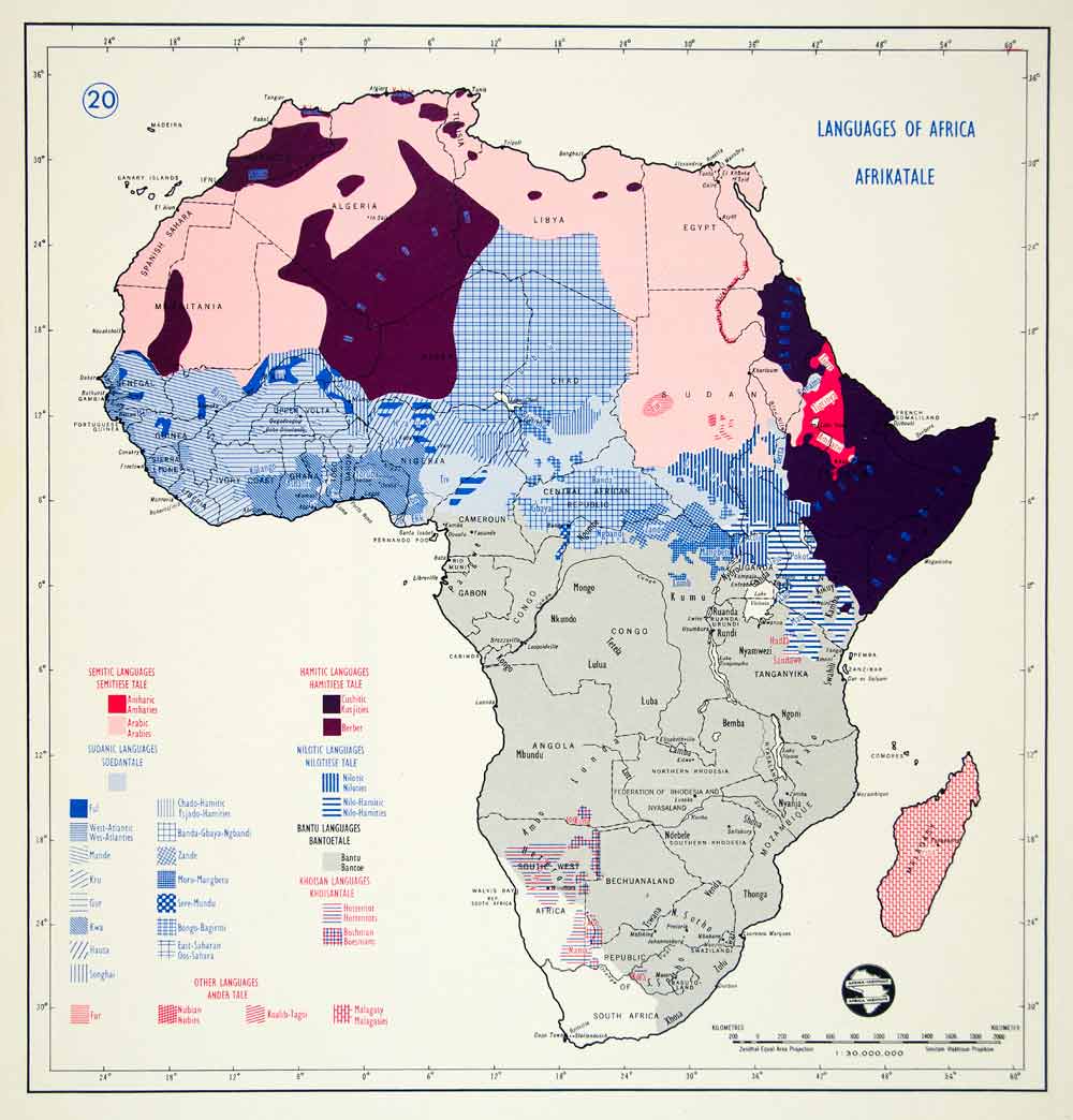 1963 Offset Lithograph Map Africa Languages Semitic Hamitic Sudanic XG ...