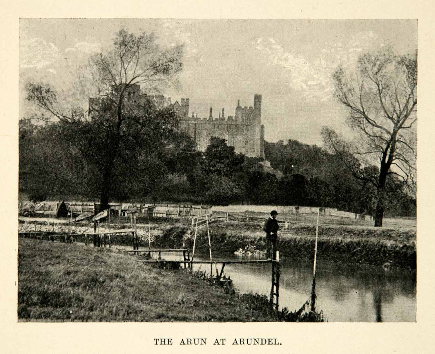1902 Print River Arun Aundel England Cathedral Castle Landscape Cityscape XGUC8