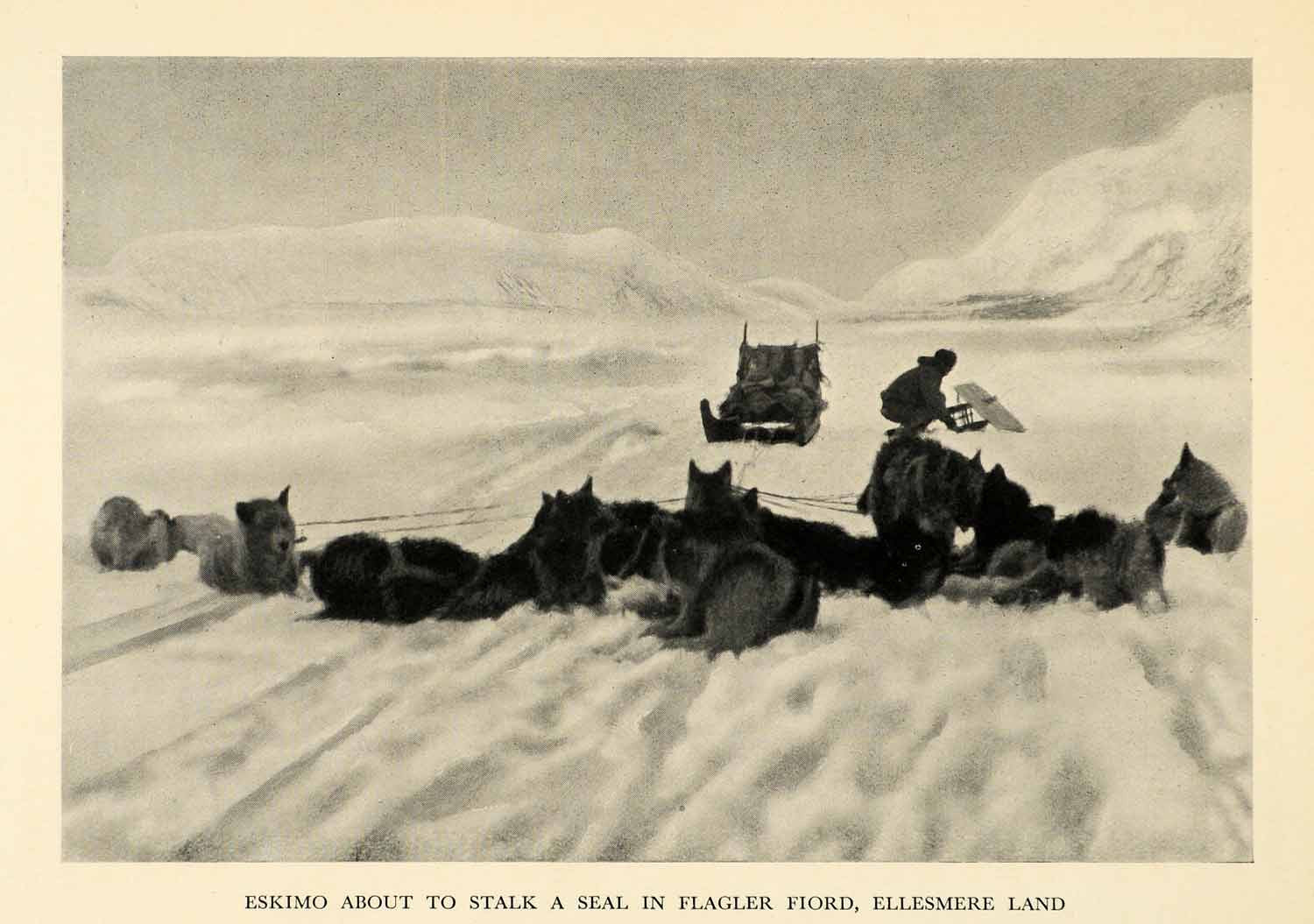1936 Print Spitz Eskimo Dogs Sleigh Landscape Mountain Flagler Fiord XGV4 - Period Paper
