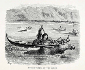 1907 Wood Engraving Moose Yukon Hunting Indigenous People Hunt Boat Canada XGV8