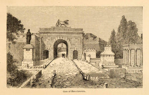 1871 Woodcut Architecture Gate Herulaneum Campania Italy Road Statue XGV9