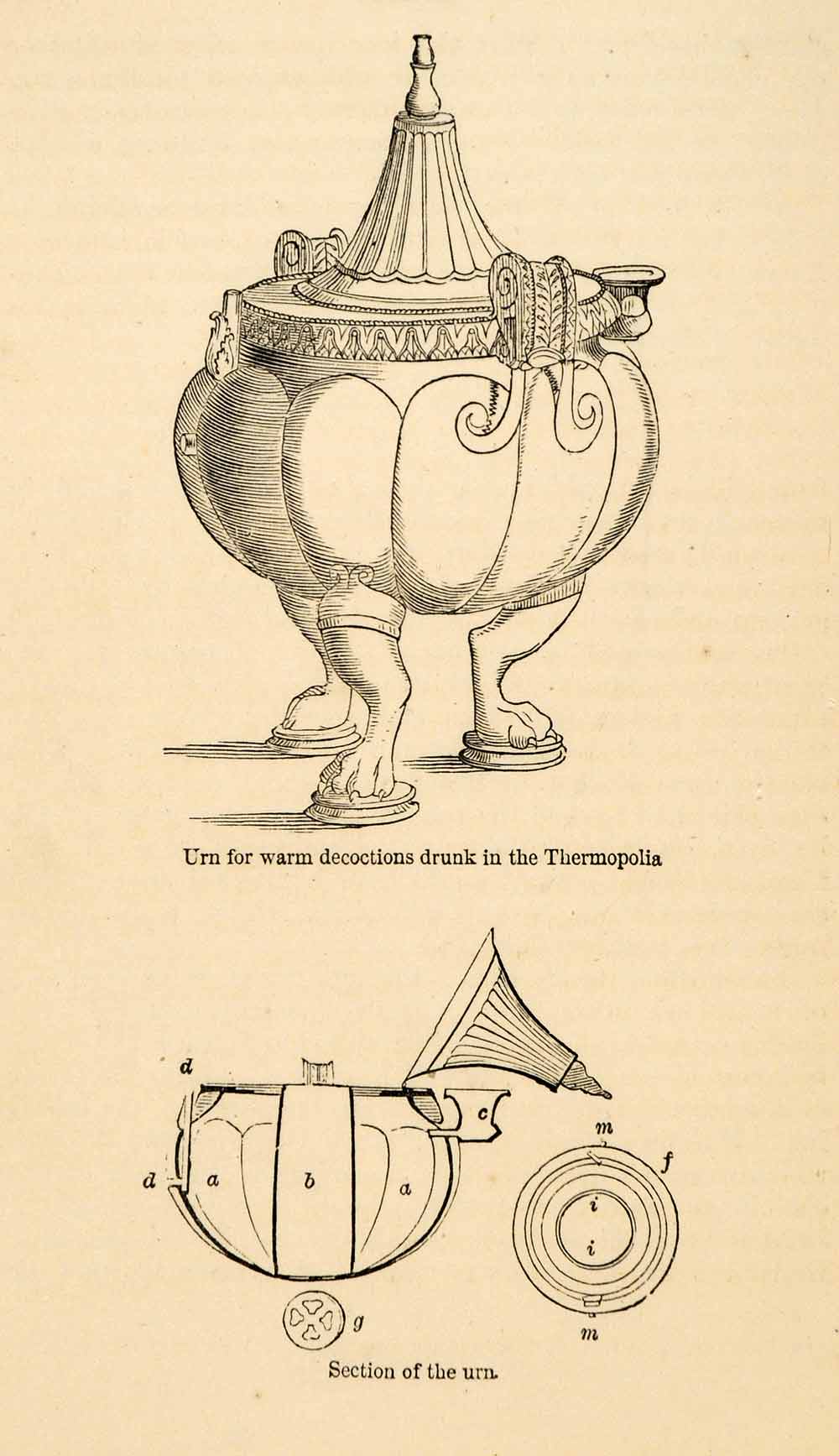 1871 Woodcut Urn Artifact Pompeii Italy Archeology Thermopolia Beverage XGV9