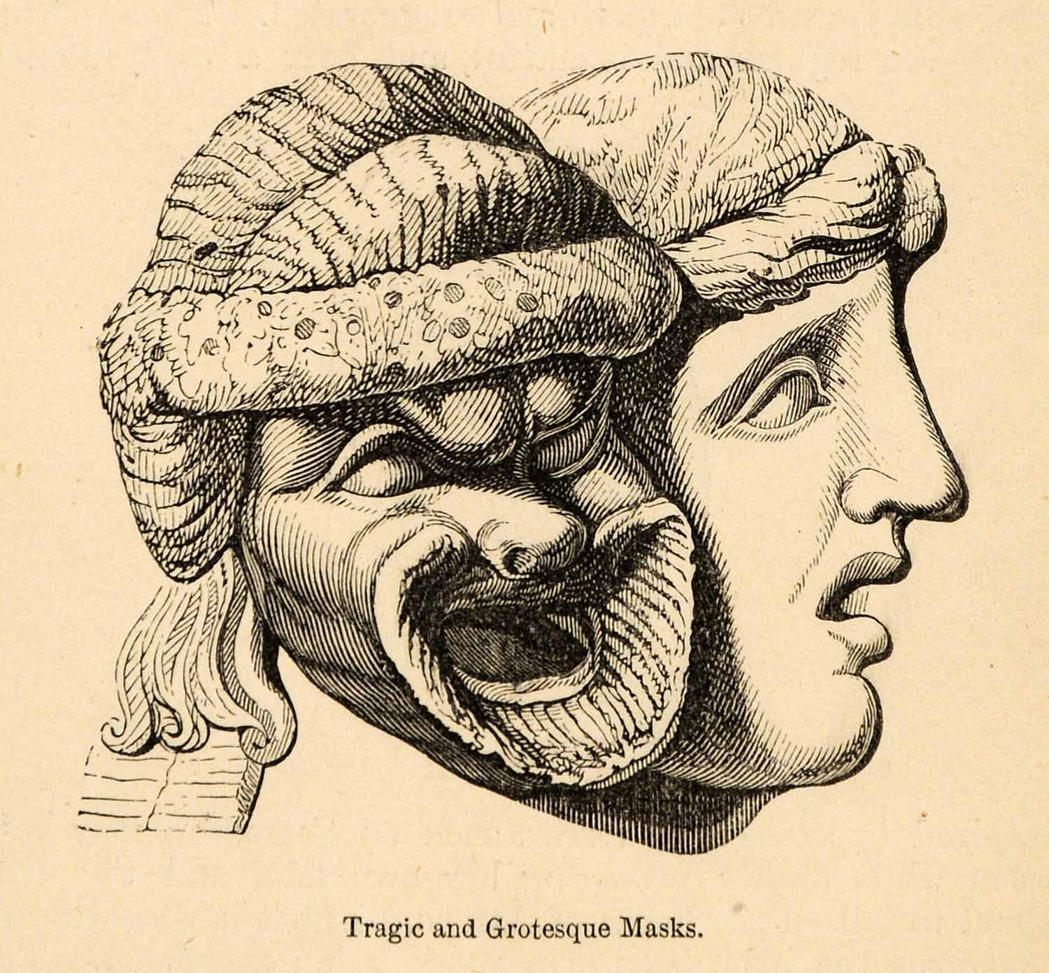 1871 Woodcut Roman Tragic Grotesque Mask Drama Theater Satyr Play XGV9