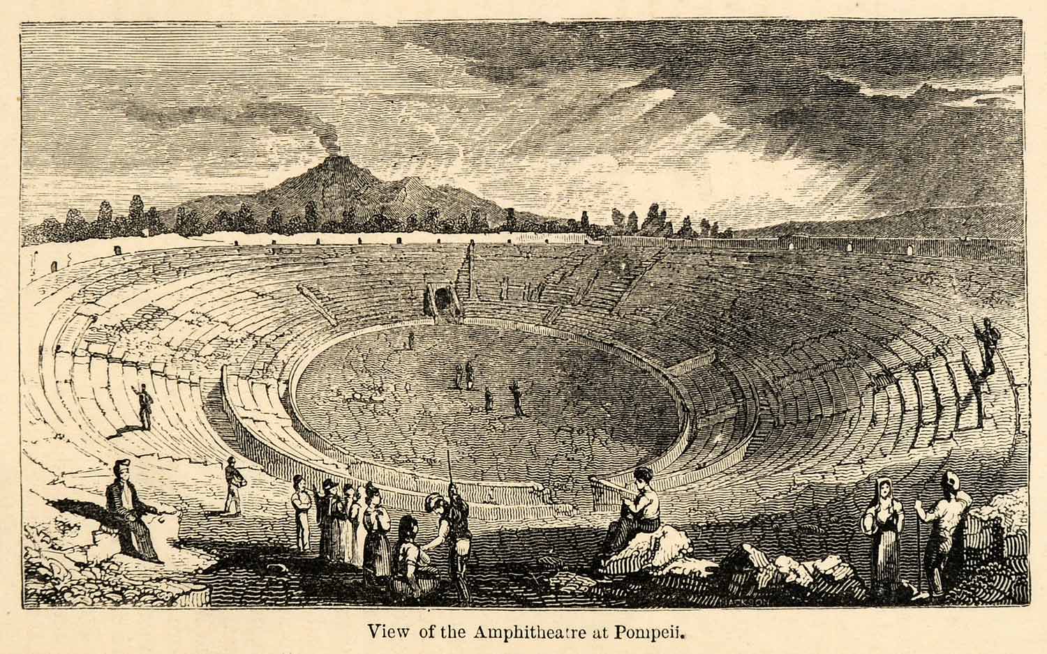 1871 Woodcut Amphitheater Pompeii Italy Architecture Archeology Ruin Roman XGV9