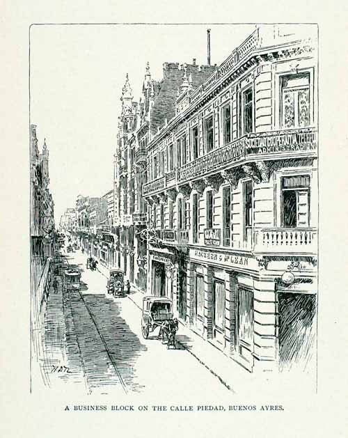 1891 Wood Engraving Calle Piedad Buenos Aires Business District Street XGVA2