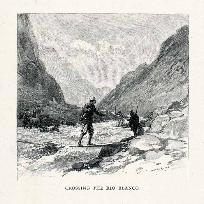 1891 Wood Engraving Rio Blanco River Crossing Man Chilean Andes Mountains XGVA2