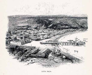 1891 Wood Engraving Lota Baja Chile Coal Mining Industry Pier Harbor XGVA2