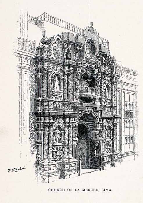 1891 Wood Engraving Lima Peru Basilica Nuestra Senora de la Merced Church XGVA2