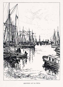 1891 Wood Engraving La Plata Boca Harbor Port Sailing Ships Shipping XGVA2