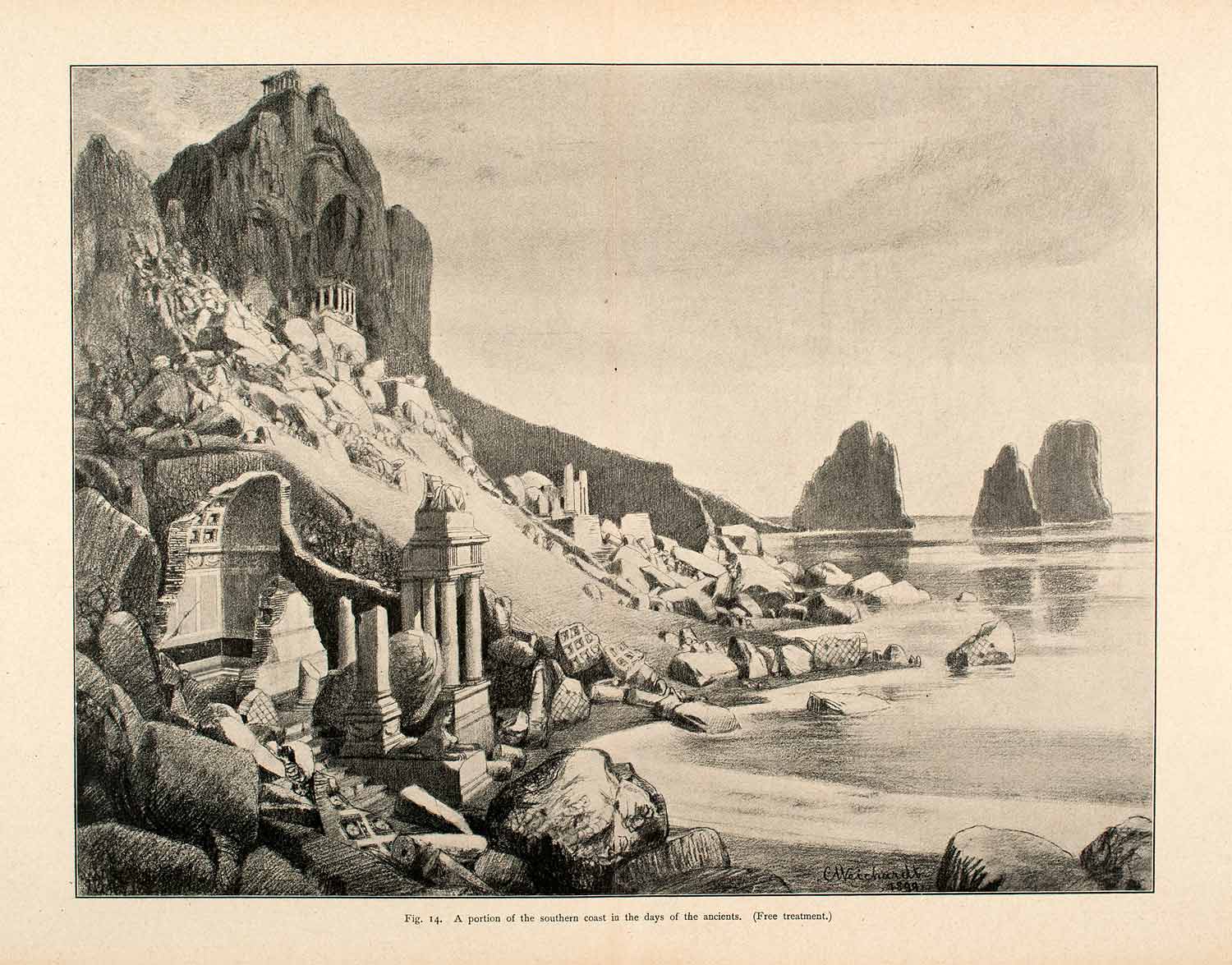1900 Print Coast Shore Cliff Ancient Ruins Roman Shore Hillside Mountain XGVA6