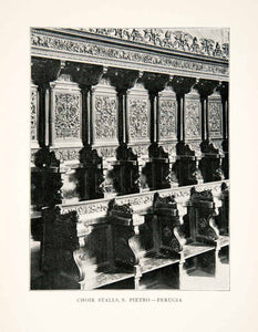 1903 Print Gothic Wood Carved Choir Stalls San Pietro Perugia Umbria Italy XGVB1