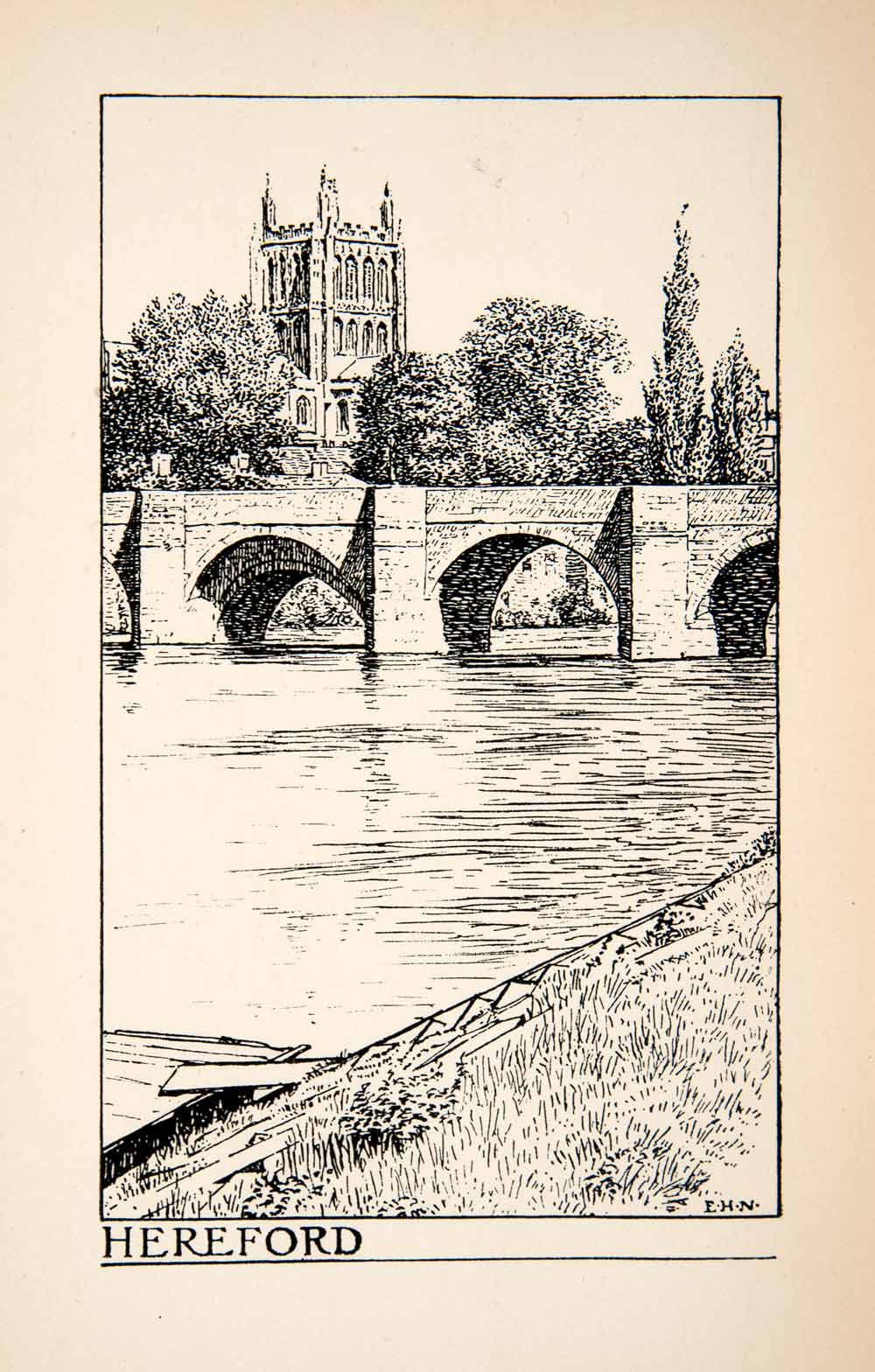 1901 Etching Hereford England Cathedral Church Landscape Bridge Edmund New XGVB5
