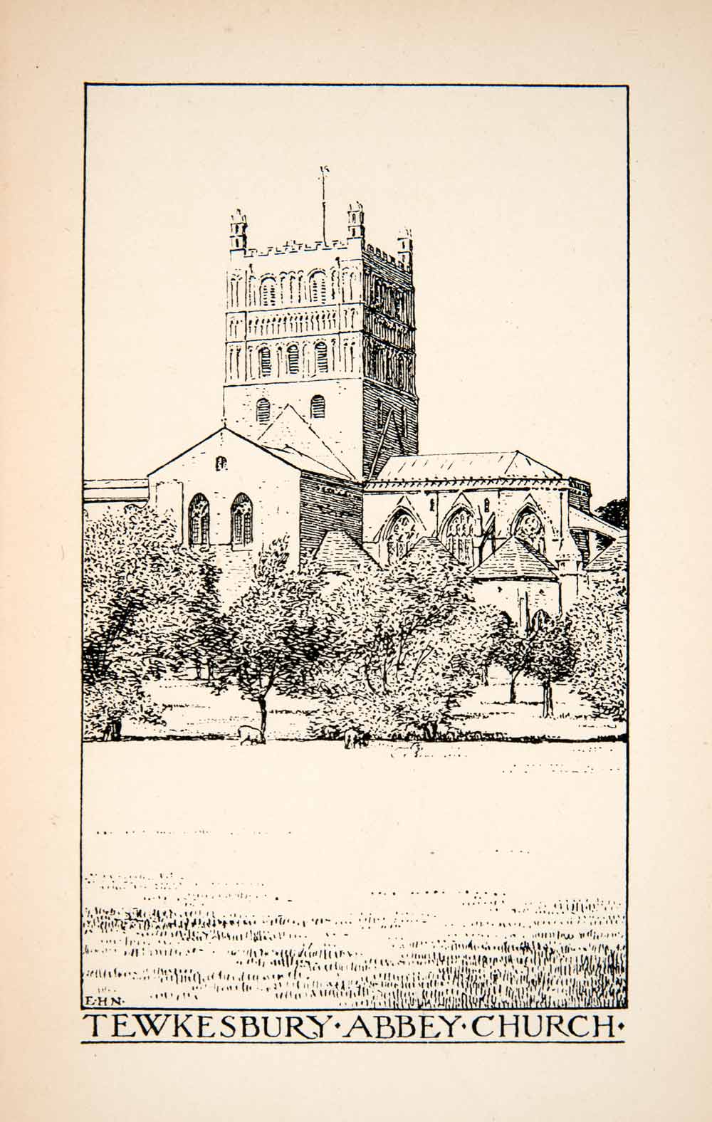1901 Etching Tewkesbury Abbey Anglo Catholic Church England Edmund New Art XGVB5