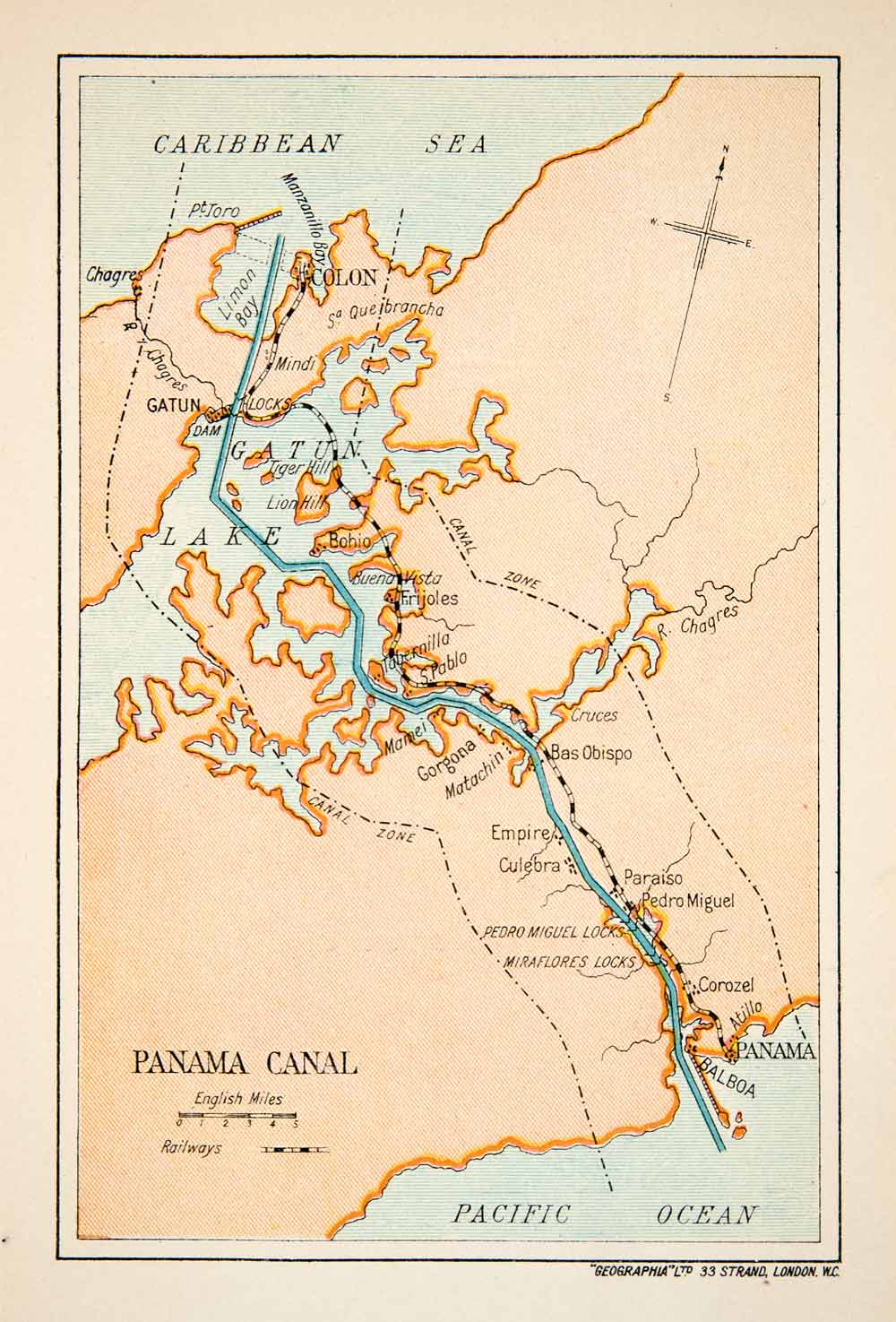 1913 Lithograph Map Central America Caribbean Sea Limon Bay Colon XGVB7