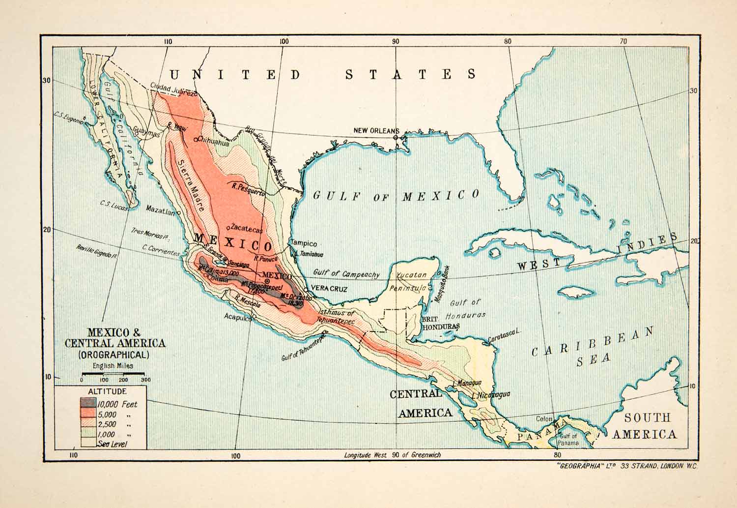 1913 Lithograph Map United States Mexico Central South America Caribbean XGVB7