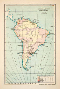 1913 Lithograph Map Population Density South America Inhabit Continent XGVB7