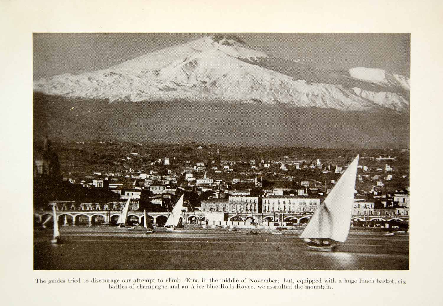 1927 Print Cityscape Mountain Etna Water Harbor Stratovolcano Sicily Italy XGVC1