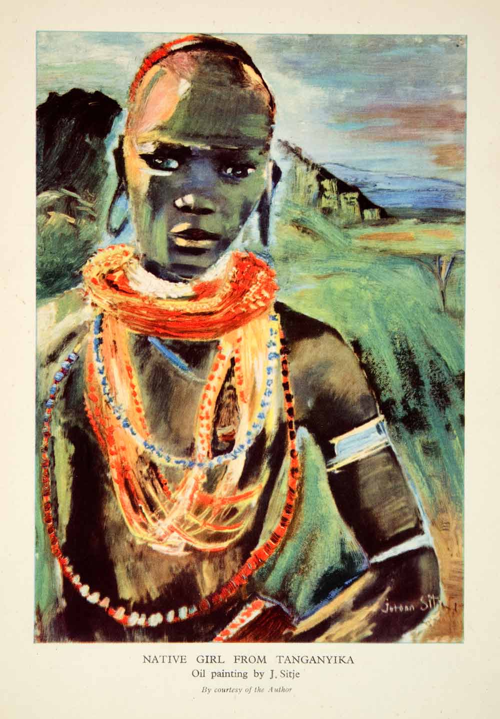 1944 Lithograph Native Girl Tanganyika Necklaces Portrait Costume Joronn XGVC3